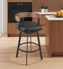 Load image into Gallery viewer, 26" Faux Leather And Iron Low Back Counter Height Swivel Bar Chair - Black / Walnut
