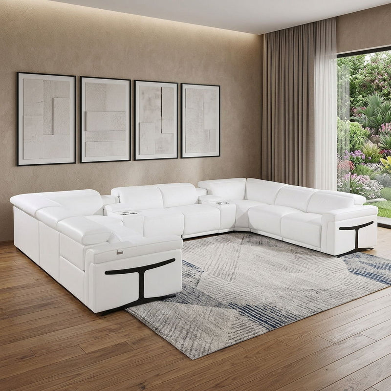 Italian Leather Modular U Shaped Ten Piece Corner Sectional With Console - White