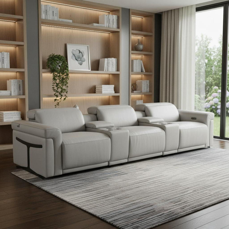 Top Grain Leather Reclining Metal USB Sofa (720368) - Light Gray