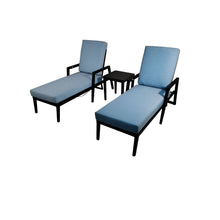 Load image into Gallery viewer, 3 Piece Outdoor Patio Lounge Set, 2 Chaise &amp; 1 End Table With Modern Tapered Feet, Pneumatic Adjustable Backrest, Wheels, Sunbrella Cushion - Ember Black / Blue
