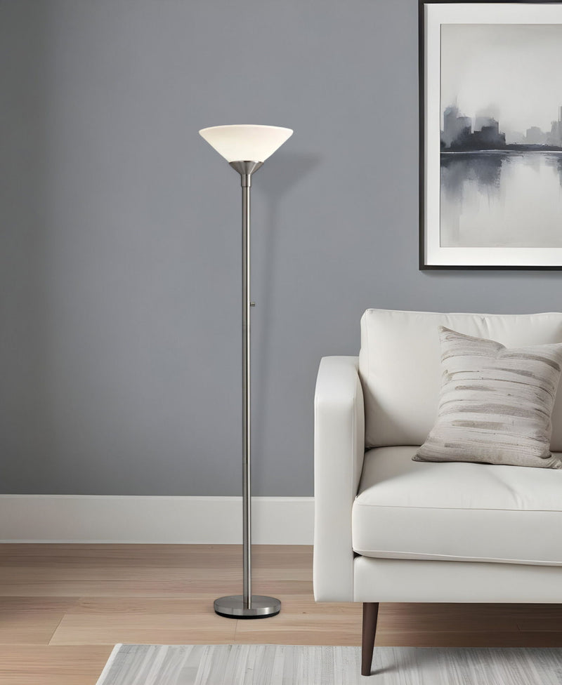 Torchiere Floor Lamp With White Cone Shade - Silver