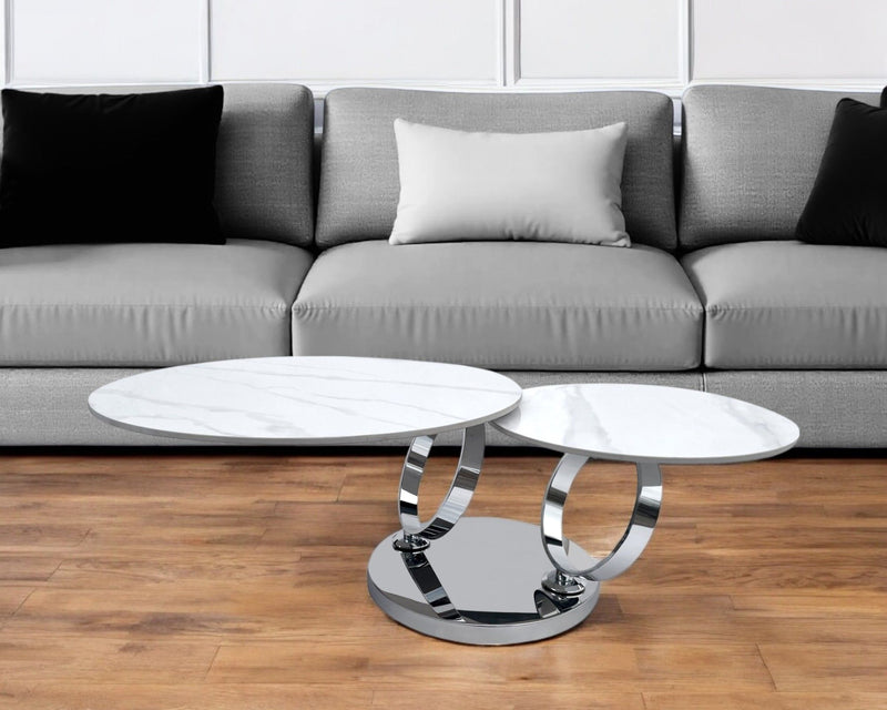 32" Ceramic Tile And Metal Round Abstract Coffee Table - White And Silver