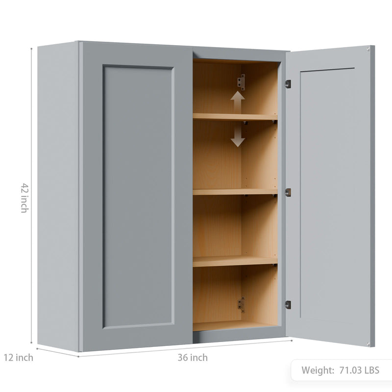 Shaker Wall Cabinet With Soft Close Hinges, Adjustable Shelves, Double Door