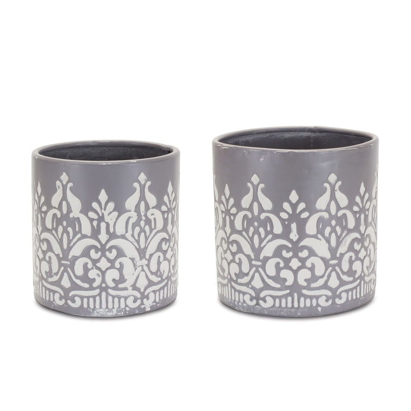 Abstract Round Pot Planters (Set of 2) - Gray / White