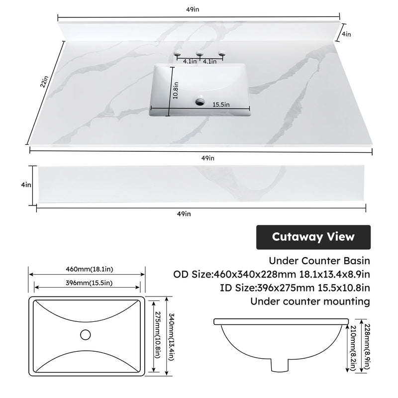 Bathroom Vanity Top With Undermount Sink, 3 Pre Drilled Holes