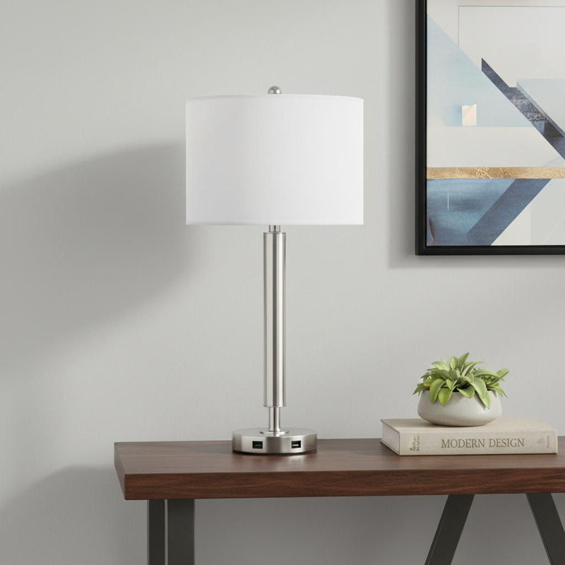 Metal Cylinder USB Table Lamp With White Drum Shade - Nickel
