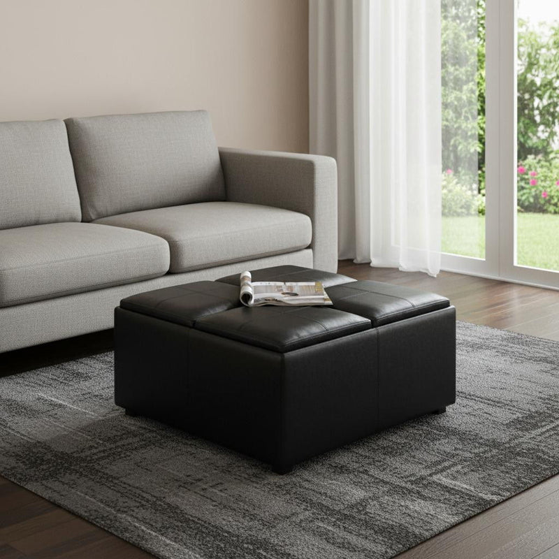 35" Leather Cocktail Ottoman With Storage - Black / Dark Brown