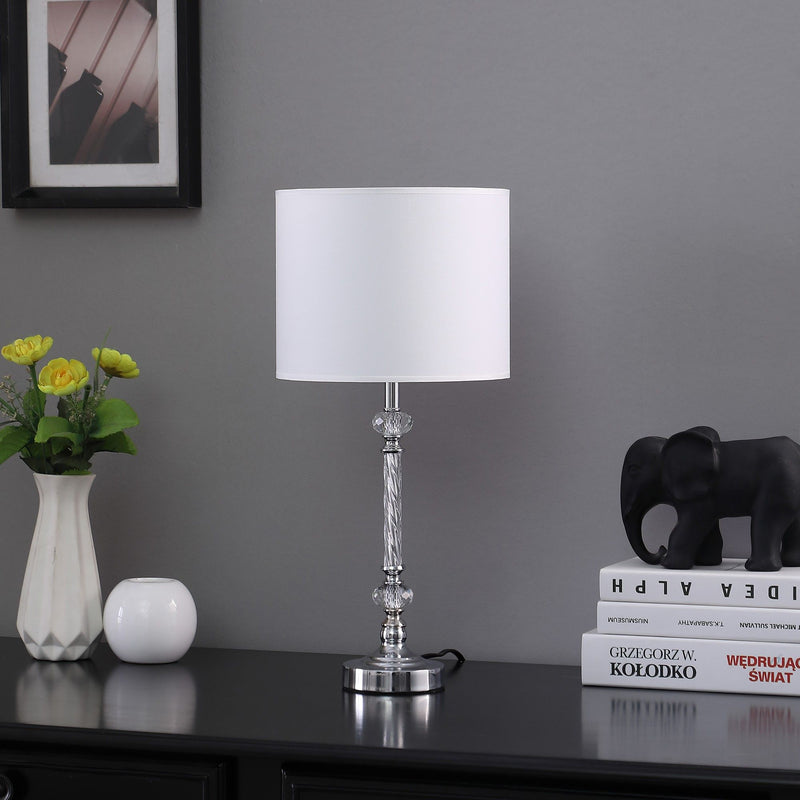 Metal And Faux Crystal Table Lamp With White Drum Shade - Silver