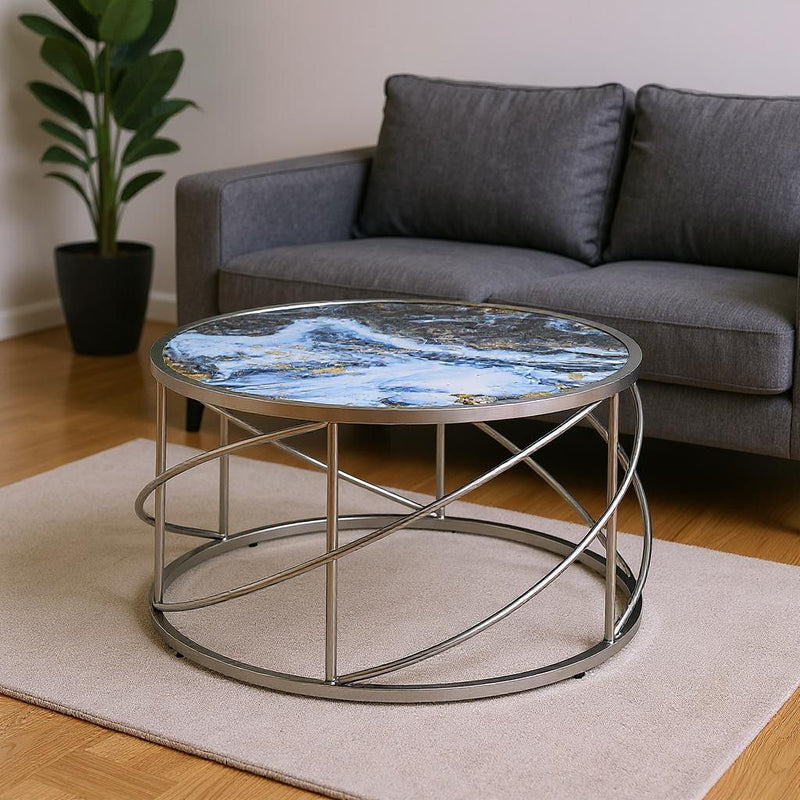 33" Wood And Iron Faux Marble Geometric Frame Round Coffee Table - Blue And Silver