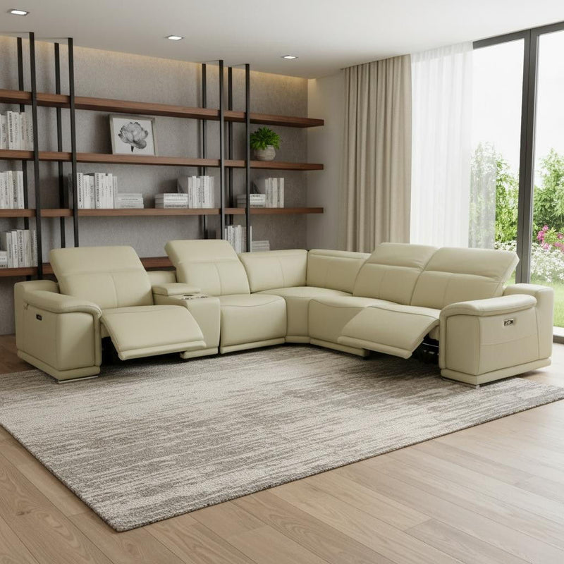 Italian Leather Power Reclining U Shaped Six Piece Corner Sectional With Console - Beige