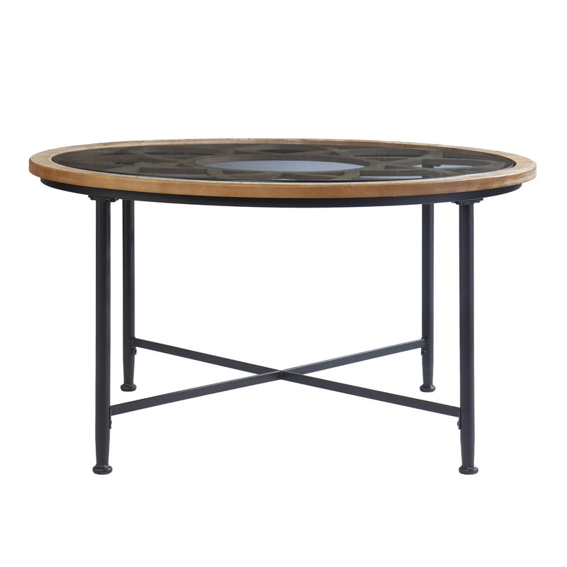 Floral Design Glass Top Round Coffee Table - Light Brown