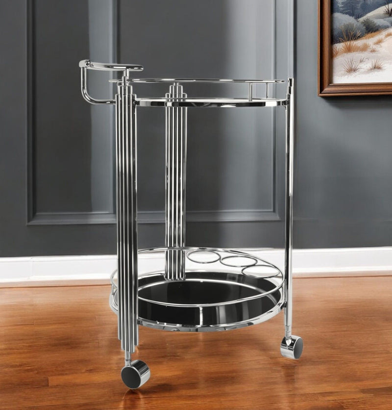 Chrome Round Two Tier Rolling Serving Or Bar Cart - Silver