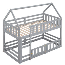 Load image into Gallery viewer, Twin over Twin House Bunk Bed with Fence and Door, Gray
