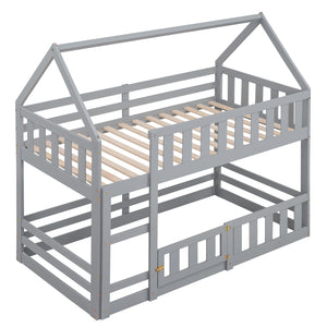 Twin over Twin House Bunk Bed with Fence and Door, Gray