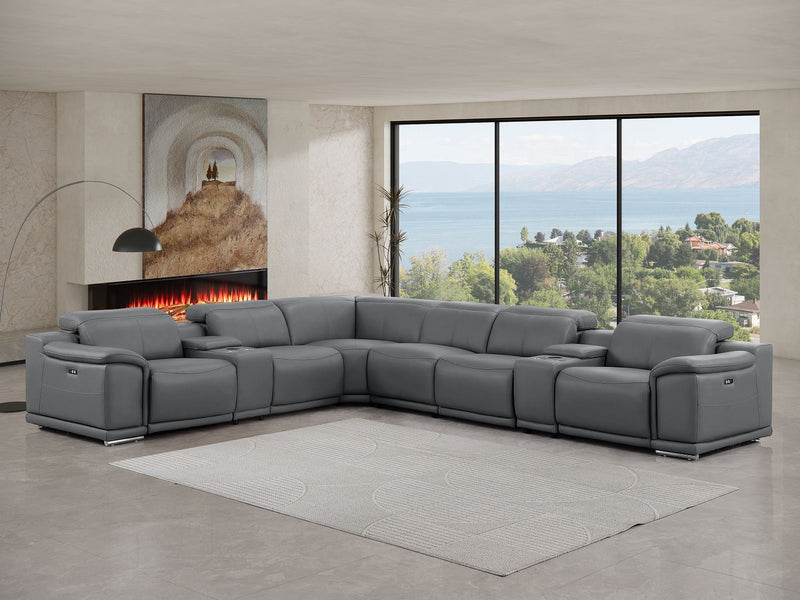 Leather Modular L Shaped Eight Piece Corner Sectional With Console - Battleship Gray
