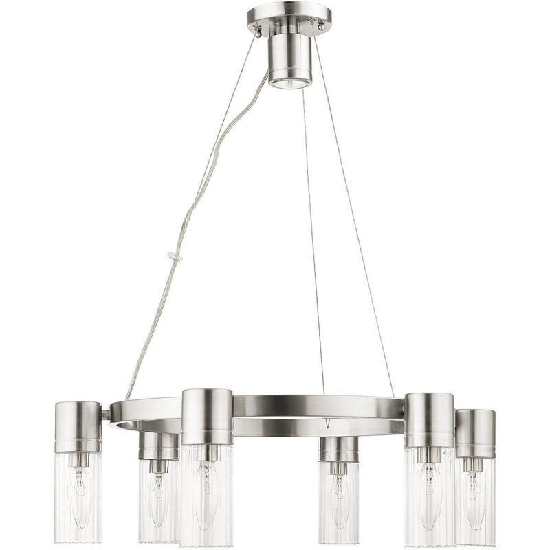 20" Six Light Metal Dimmable Chandelier With Shades - Nickel / Clear