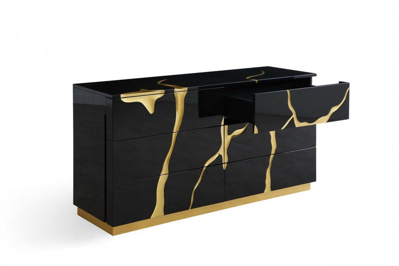 Wood Six Drawer Double Dresser - Black And Gold