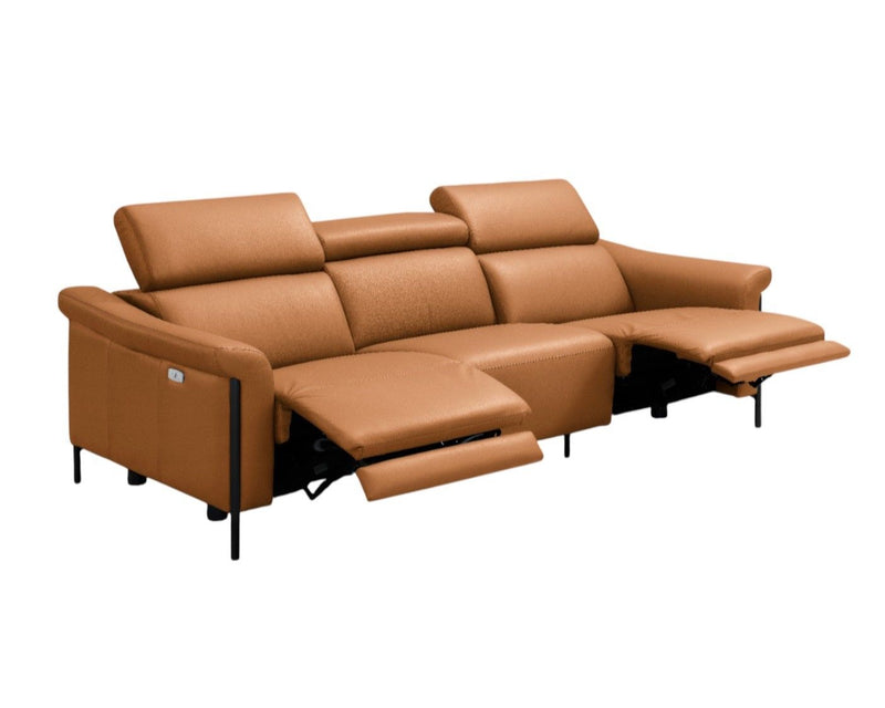 Leather Reclining Wood USB Sofa - Camel