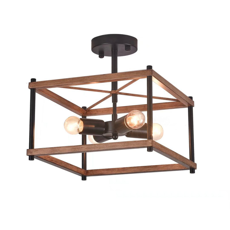 Industrial Wood Square Four Light Ceiling Fixture - Brown / Black