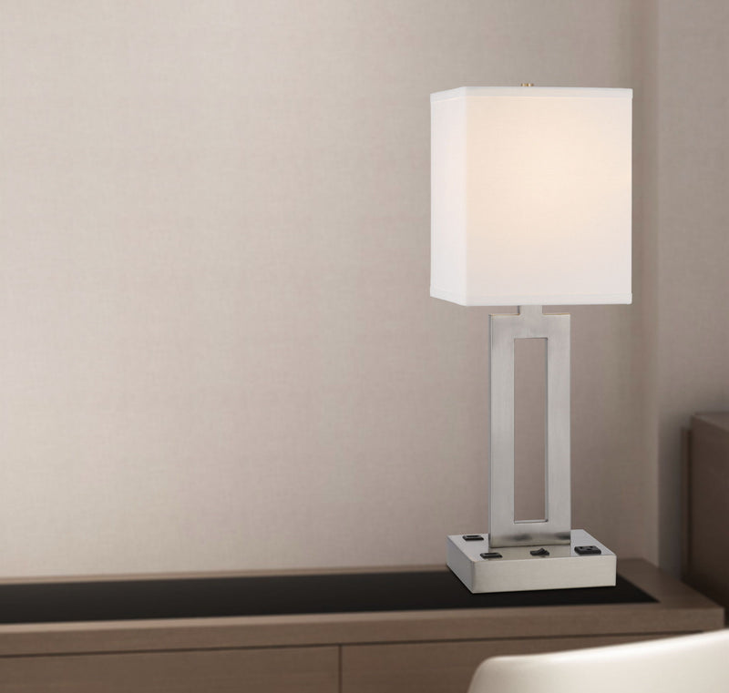 24" Metal Desk USB Table Lamp With White Drum Shade - Nickel