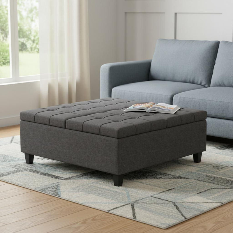 Transitional Fabric Cocktail Ottoman With Storage - Gray / Brown