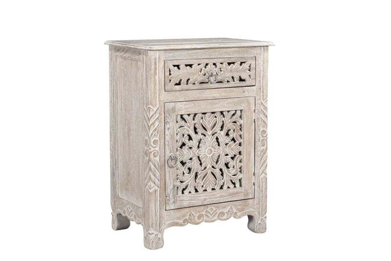 One Drawer Carved Floral Solid Wood Nightstand - Distressed White