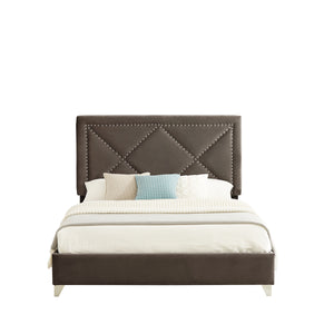 B109 Queen bed .Beautiful brass studs adorn the headboard, strong wooden slats + metal legs with Electroplate