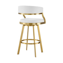 Load image into Gallery viewer, 26" Faux Leather And Stainless Steel Low Back Counter Height Swivel Bar Chair - Gold / White
