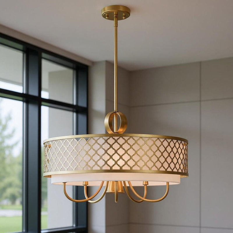 Six Light Dimmable Chandelier With Shades - Gold / Off White