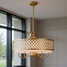 Load image into Gallery viewer, Six Light Dimmable Chandelier With Shades - Gold / Off White
