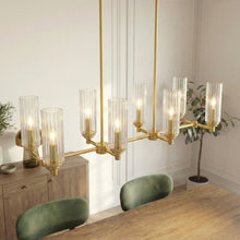 Load image into Gallery viewer, Willow - 8 Lights Island With Clear Ribbed Pendant Lamp Satin - Antique Brass / Clear / Gold
