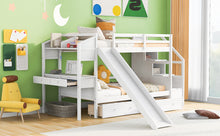 Load image into Gallery viewer, Twin over Twin Bunk Bed with Storage Staircase, Slide and Drawers, Desk with Drawers and Shelves, White
