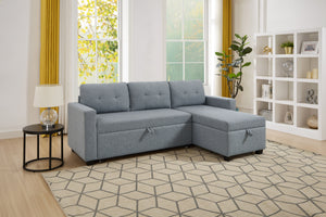 Upholstered Pull Out Sectional Sofa with Storage Chaise, Convertible Corner Couch, Light Grey