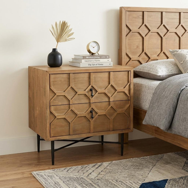 Iron And Solid Wood Distressed Carved Geometric Two Drawer Nightstand - Natural