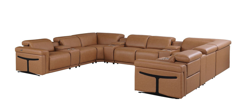 Italian Leather Power Reclining U Shaped Ten Piece Corner Sectional With Console - Chestnut