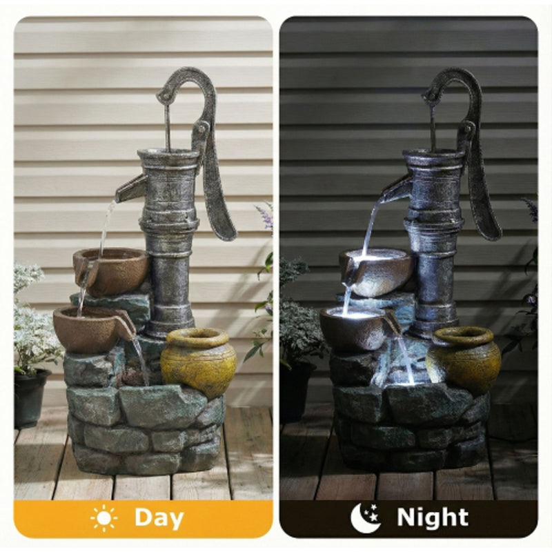 Hand Pump Water Fountain With LED Lights - Gray