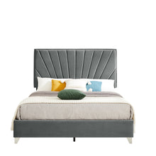 Load image into Gallery viewer, B108 Queen bed Beautiful line stripe cushion headboard , strong wooden slats + metal support feet, Gray Flannelette
