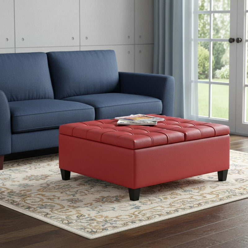 Leather Cocktail Ottoman With Storage - Red / Espresso