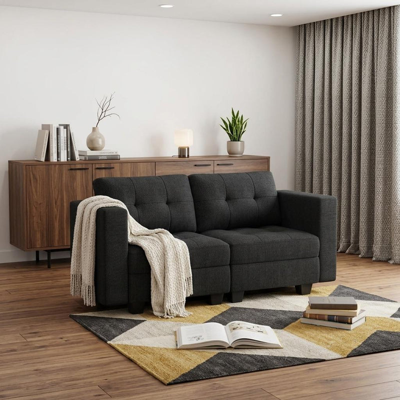 Linen Blend Modular Loveseat With Storage - Dark Gray And Black
