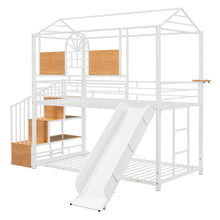 Load image into Gallery viewer, Twin Over Twin Metal Bunk Bed, Metal Housebed with Slide and Storage Stair, White with White Slide
