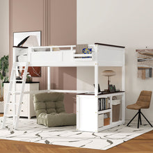 Load image into Gallery viewer, Queen Size Loft Bed With Desk, Open Shelf, Storage Box And USB Charging Station - White
