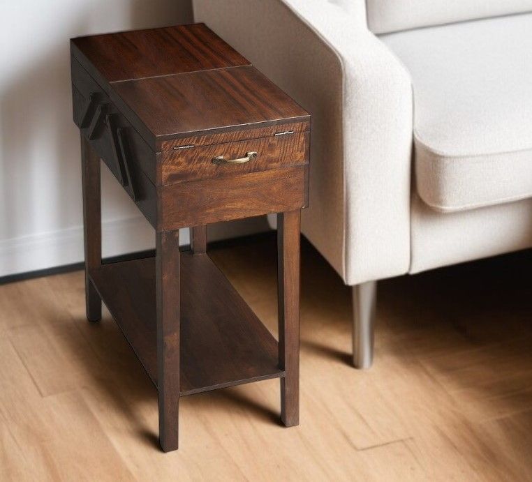 Solid Wood Rectangular End Table With Drawer And Shelf - Dark Brown