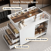 Load image into Gallery viewer, Multi-Functional Storage Island Movable Storage Cabinet Island Vanity Dresser With 3 Side Storage Drawer, A Reversible Top Storage Space And 2 Glass Display Shelves - White

