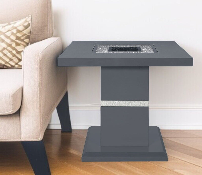 24" Faux Crystals Glass And Wood Square Pedestal End Table - Dark Gray And Silver