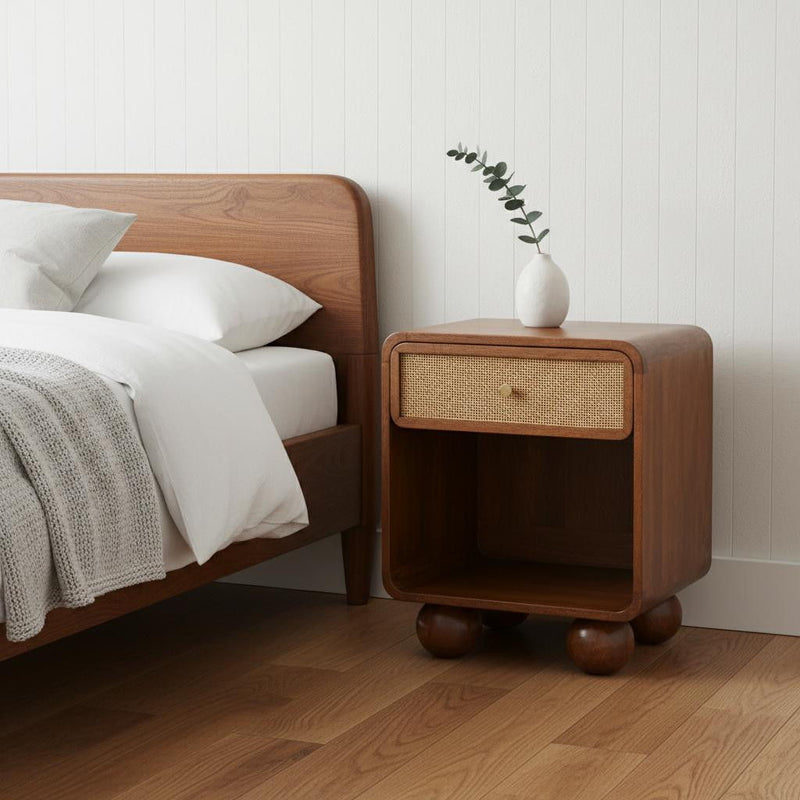 Solid Wood Cane Rattan One Drawer Nightstand - Chestnut