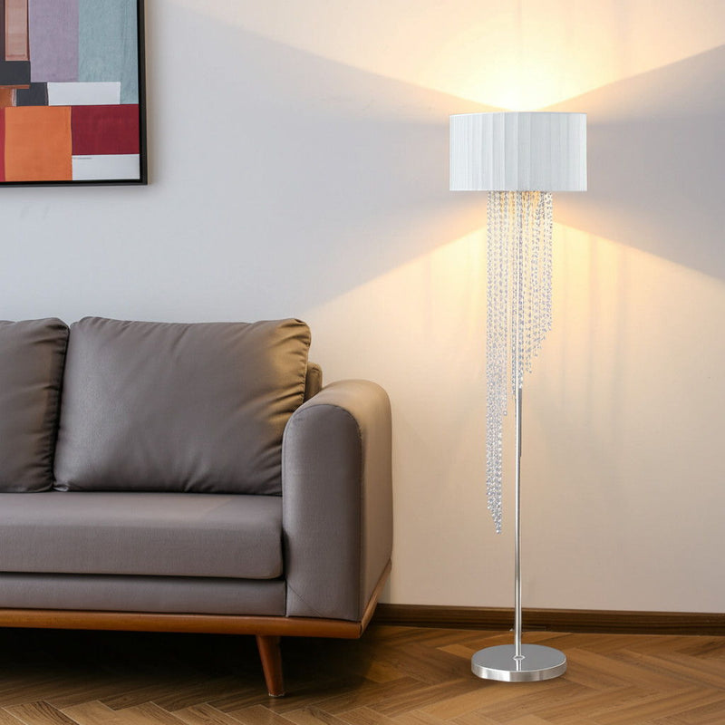 66" Crystal And Metal Floor Lamp With White Linen Drum Shade - Silver / Clear