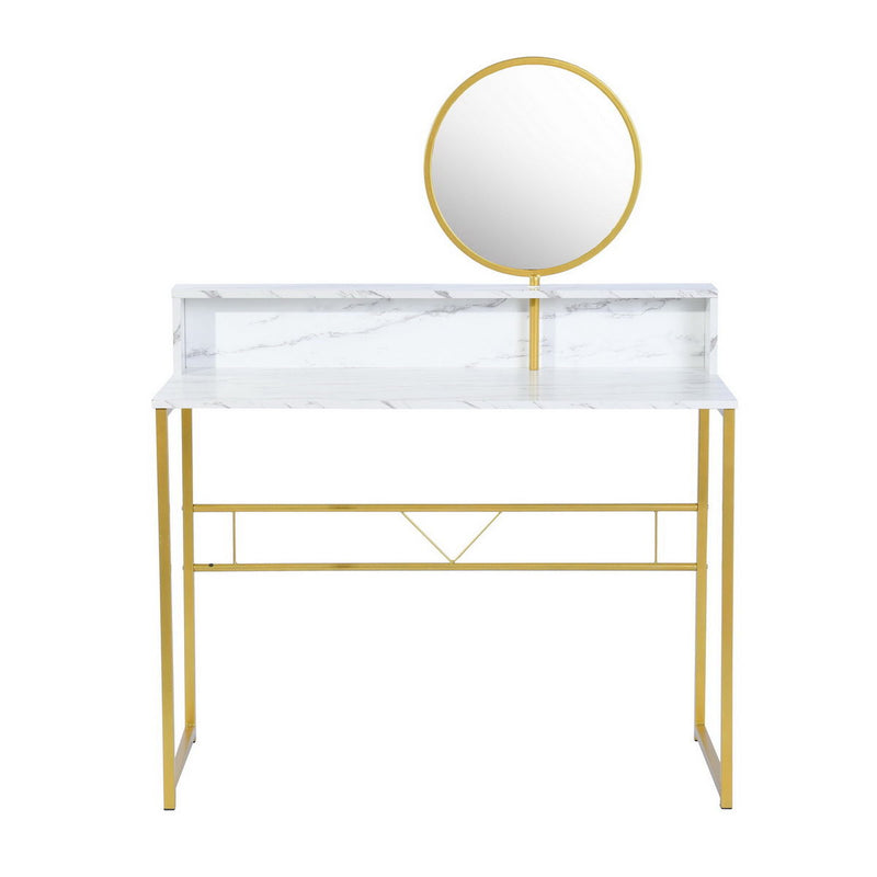 41" Faux Marble And Steel Vanity Table With Mirror - Gold And White