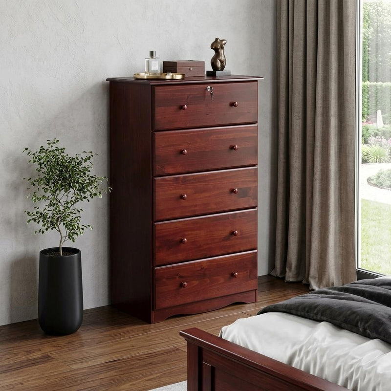 Solid Wood Five Drawer Dresser - Mahogany