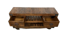 Load image into Gallery viewer, Solid Wood Distressed Wheel Console Table With Shelves And Drawers - Brown And Black

