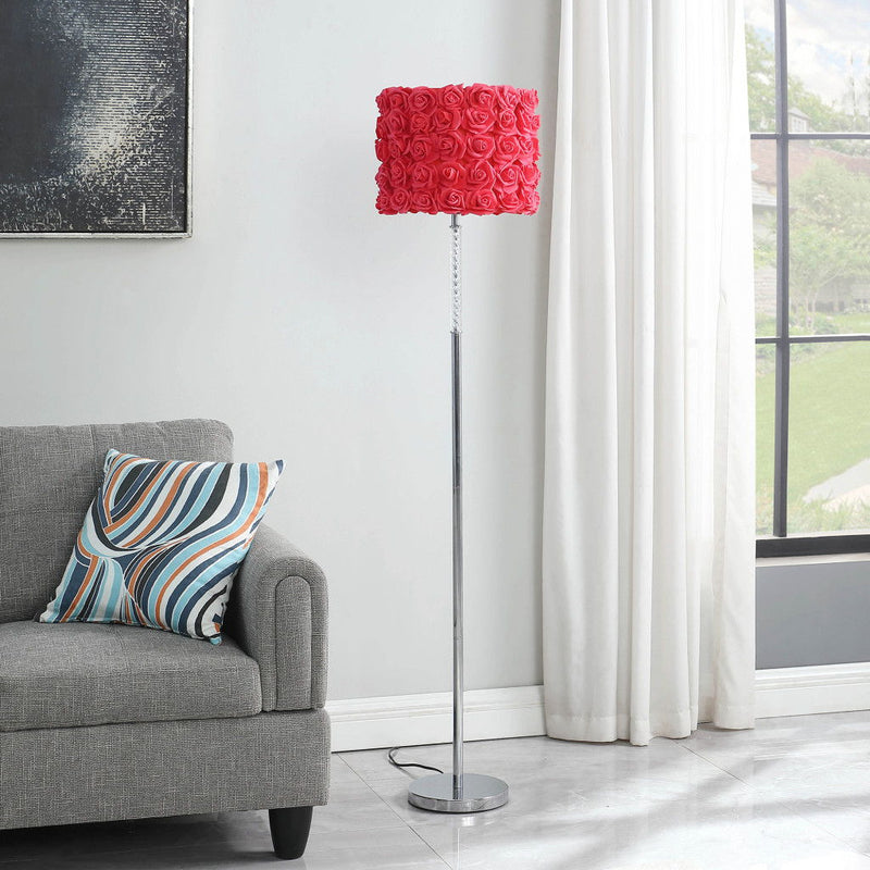 Steel And Acrylic Floor Lamp With Flowers Fabric Drum Shade - Silver Red
